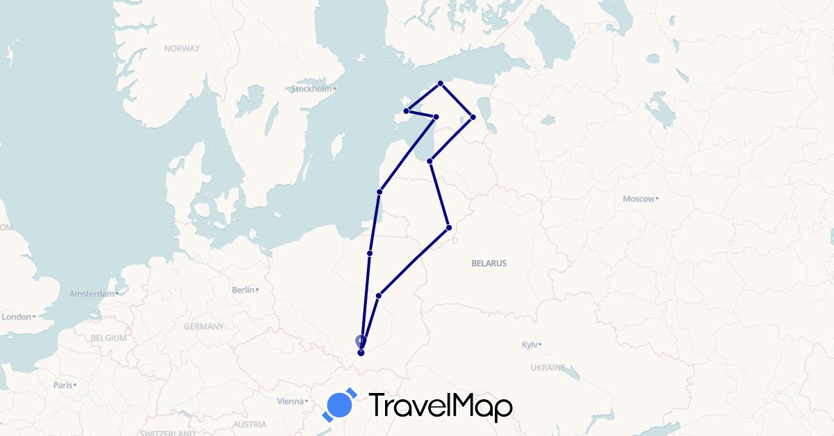 TravelMap itinerary: driving in Estonia, Lithuania, Latvia, Poland (Europe)